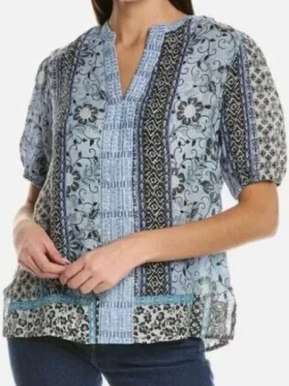 Johnny Was Workshop Embroidered Blouse Floral Blue Patchwork XL